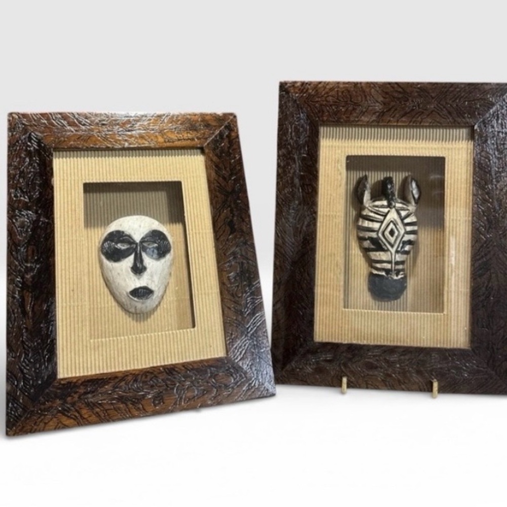 African Wood Carve Zebra&Face Mask In Shadow Boxes Tribal Art, 8.5x6.5x3โ K. Dei